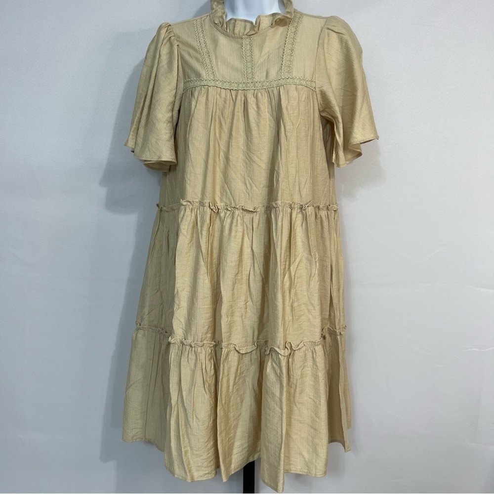 Peach puff beige ruffle lace dress BoHo style size small - Picture 1 of 14
